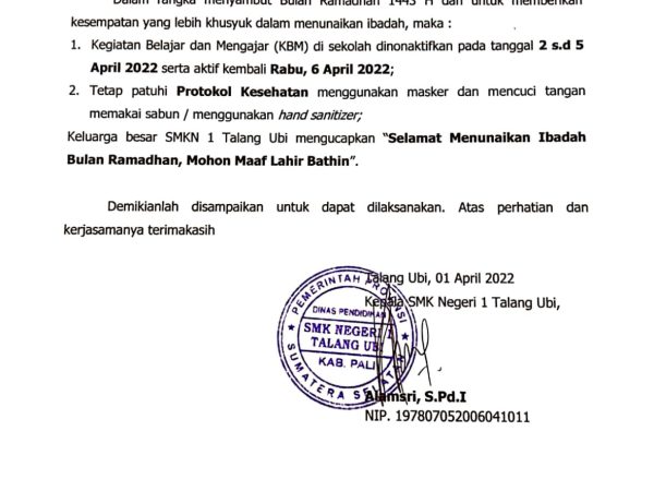 Edaran Kepala SMK Negeri 1 Talang Ubi tentang Hari libur awal bulan Ramadhan